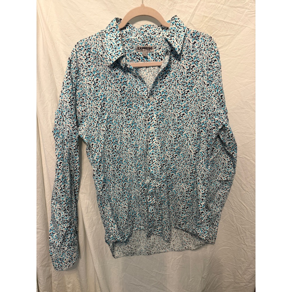 Express Mens Fitted Long Sleeve Floral Button Down Shirt Blue White XL 17-17.5